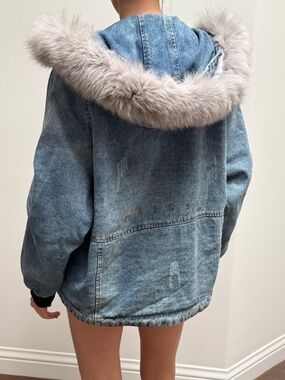 Denim Hooded Jacket with Faux Fur Trim